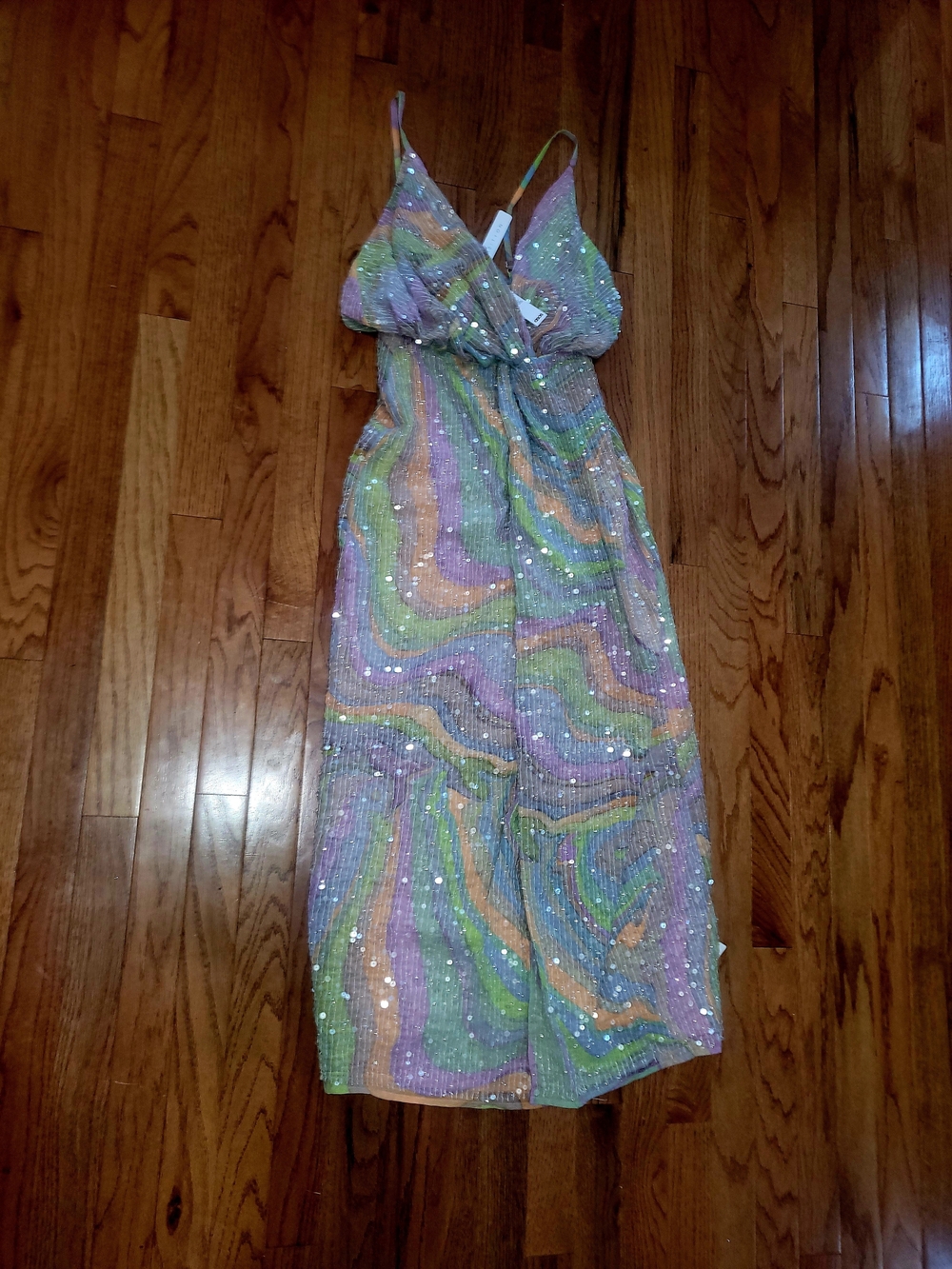 ASOS Sequin Swirl Midi Dress in Pastel Rainbow